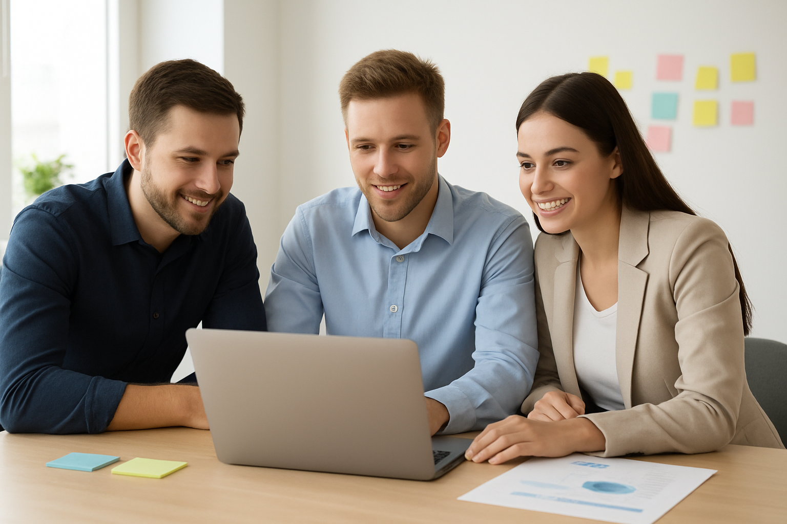 Zdjęcie trzech osób pracujących przy komputerze z tablicą z przyklejanymi karteczkami w tle